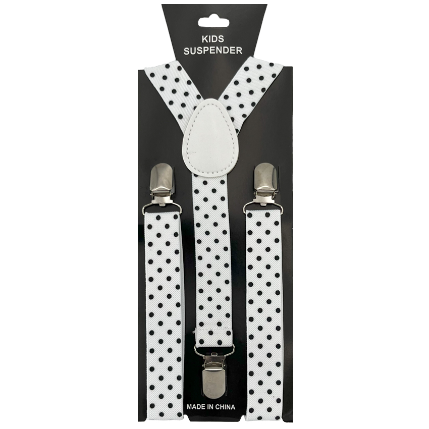 Black Polka Dots Kid's White SUSPENDERS